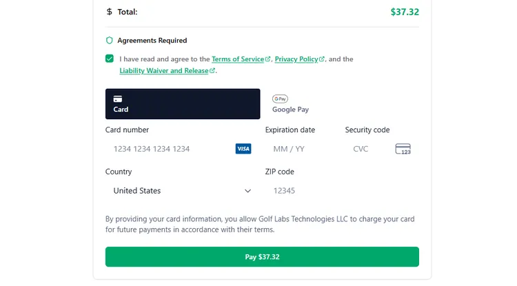 GolfLabs secure checkout via Stripe payment screen