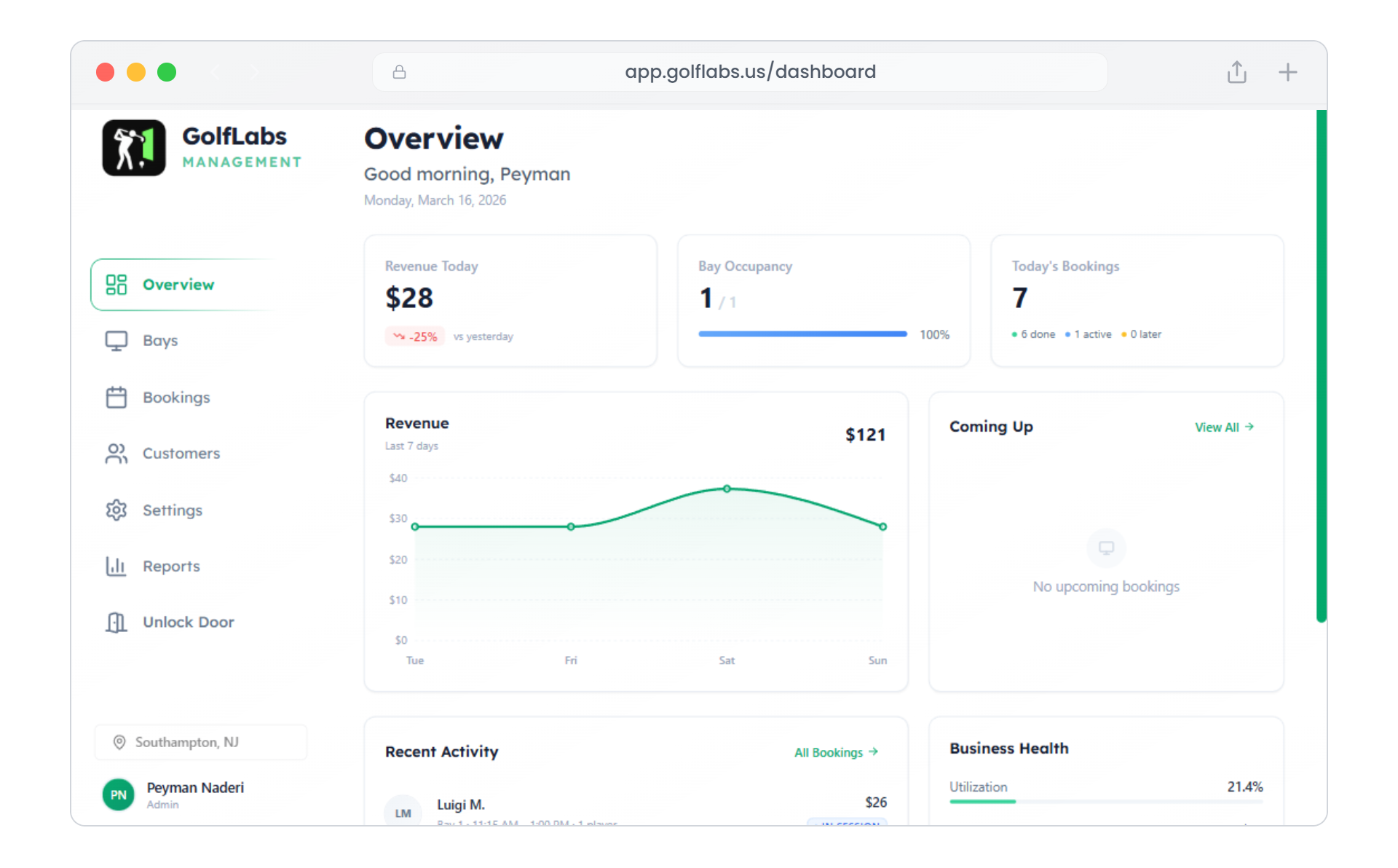 GolfLabs operator dashboard on a MacBook